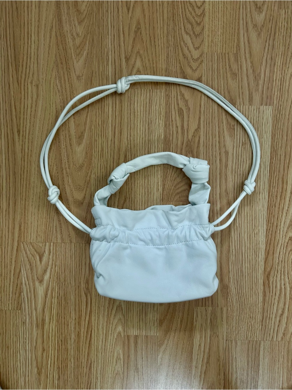 Zara White Mini Leather Knot-Handle Drawstring Shoulder Bag